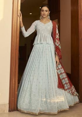 Sky Blue Embroidered Georgette Lehenga Set With Dupatta