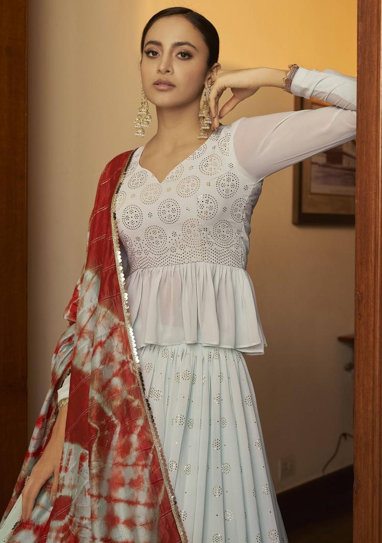 Sky Blue Embroidered Georgette Lehenga Set With Dupatta