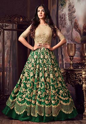 Beige And Green Digital Print Net Lehenga Set