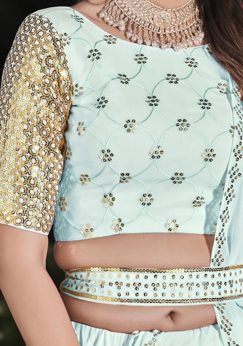 Sky Blue Embroidered Georgette Lehenga Set With Dupatta