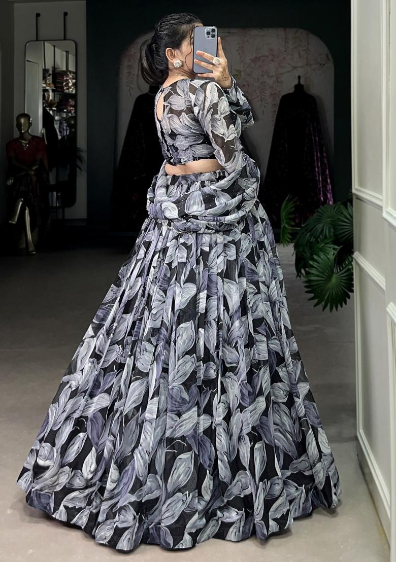 Black Printed Silk Lehenga Set With Dupatta