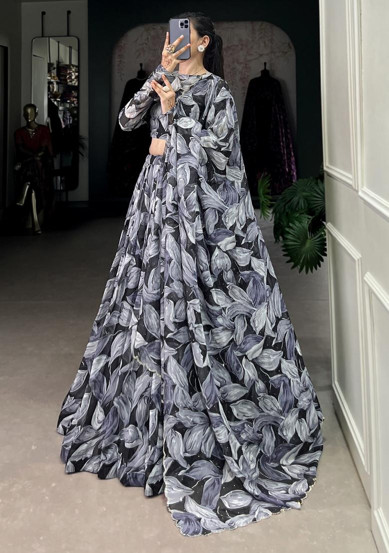 Black Printed Silk Lehenga Set With Dupatta