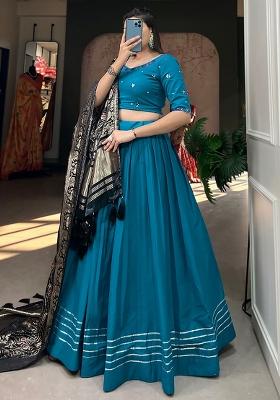 Blue Printed Cotton Lehenga Set With Dupatta