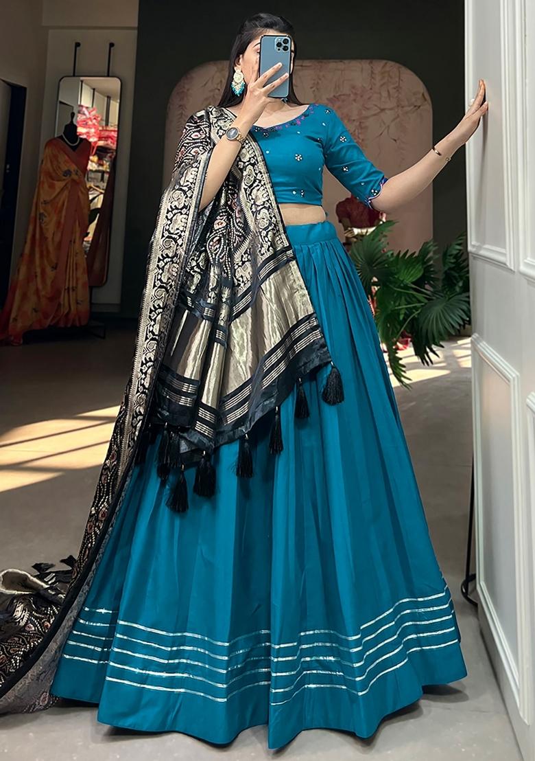Blue Printed Cotton Lehenga Set With Dupatta