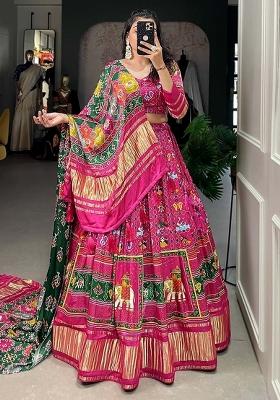 Pink Printed Silk Lehenga Set With Dupatta