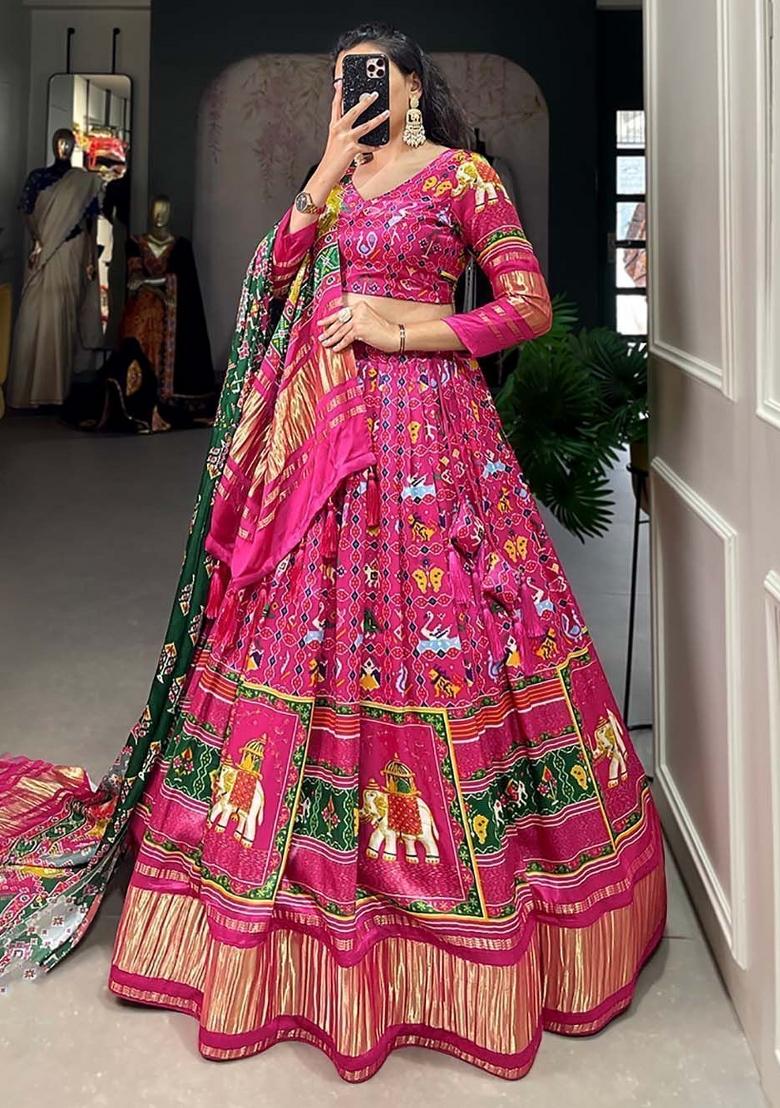 Pink Printed Silk Lehenga Set With Dupatta