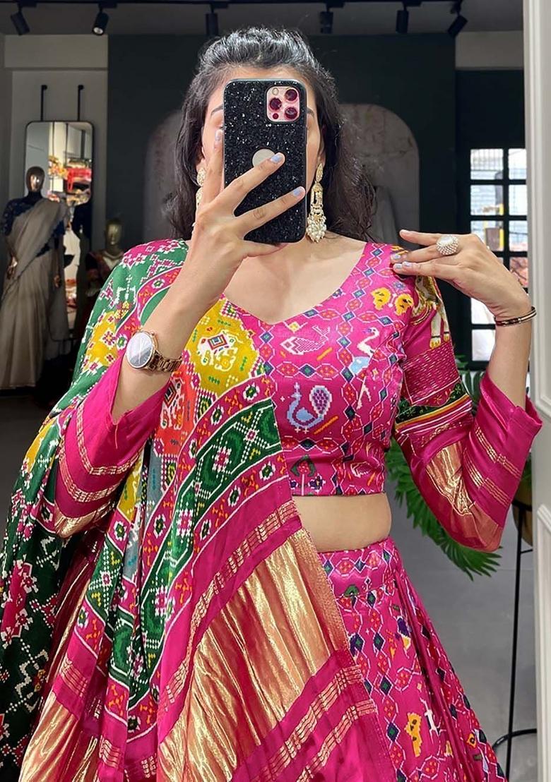 Pink Printed Silk Lehenga Set With Dupatta