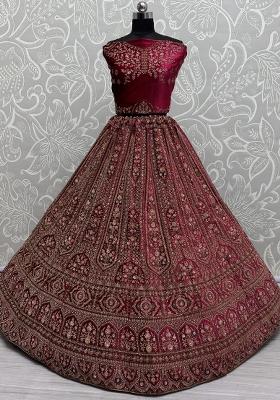 Pink Embroidered Velvet Lehenga Set With Dupatta