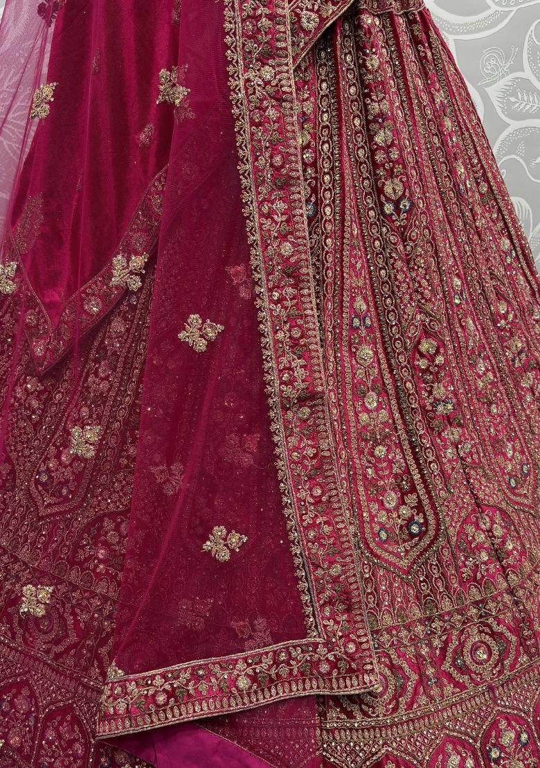 Pink Embroidered Velvet Lehenga Set With Dupatta