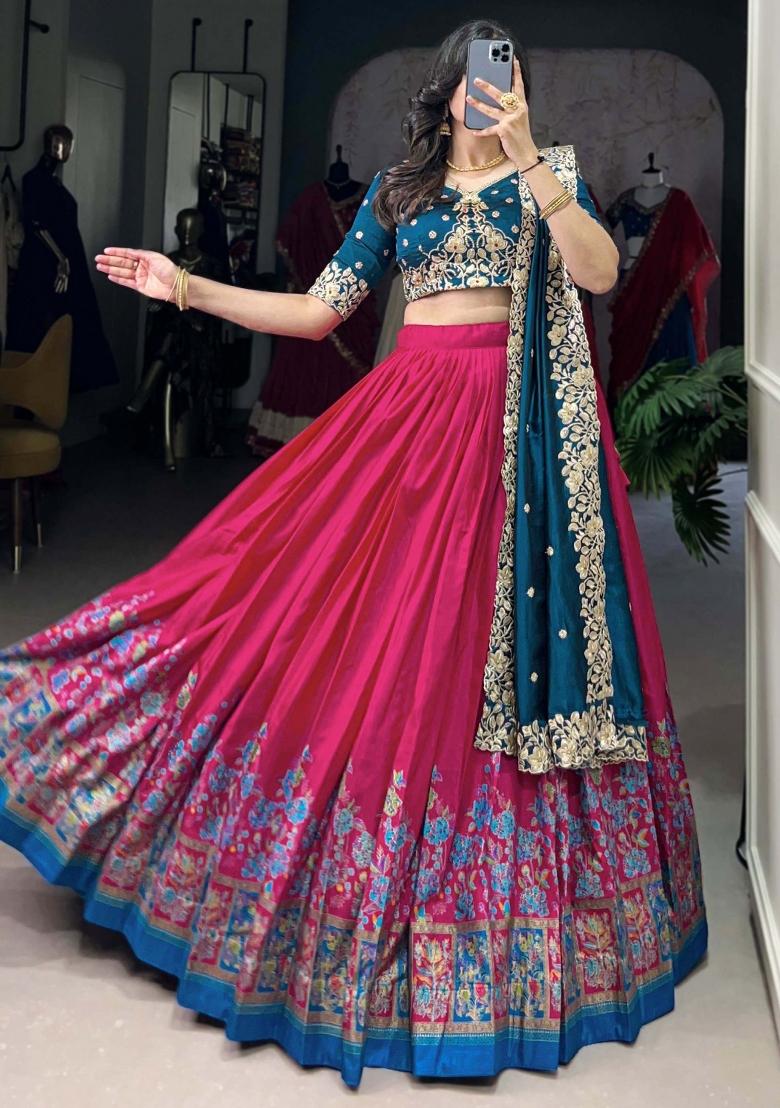 Pink Printed Silk Lehenga Set With Dupatta