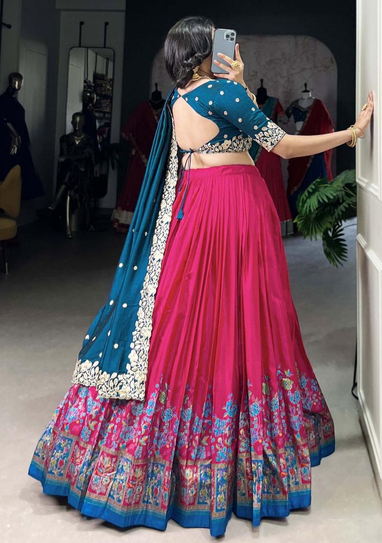 Pink Printed Silk Lehenga Set With Dupatta
