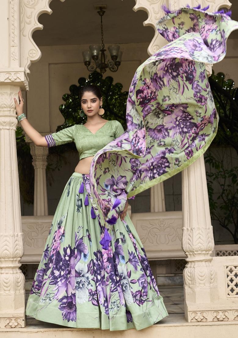 Green Printed Silk Lehenga Set With Dupatta