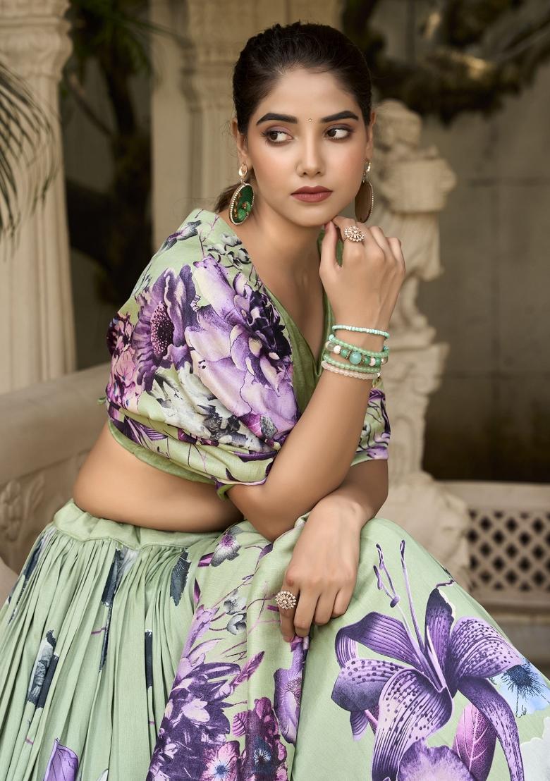 Green Printed Silk Lehenga Set With Dupatta