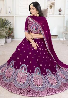 Purple Embroidered Georgette Lehenga Set With Dupatta