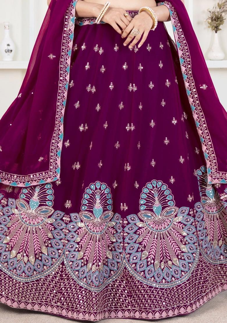 Purple Embroidered Georgette Lehenga Set With Dupatta