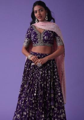 Purple Embroidered Georgette Lehenga Set With Dupatta