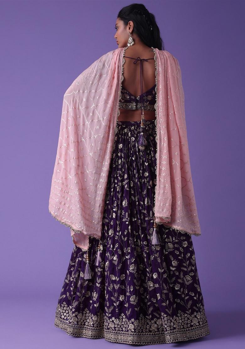 Purple Embroidered Georgette Lehenga Set With Dupatta