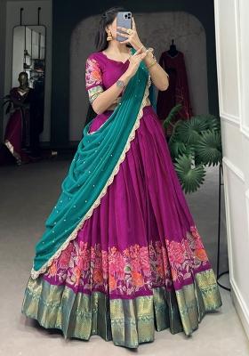 Pink Embroidered Cotton Lehenga Set With Dupatta