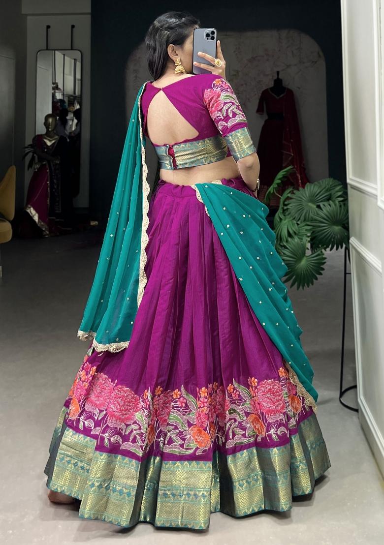 Pink Embroidered Cotton Lehenga Set With Dupatta