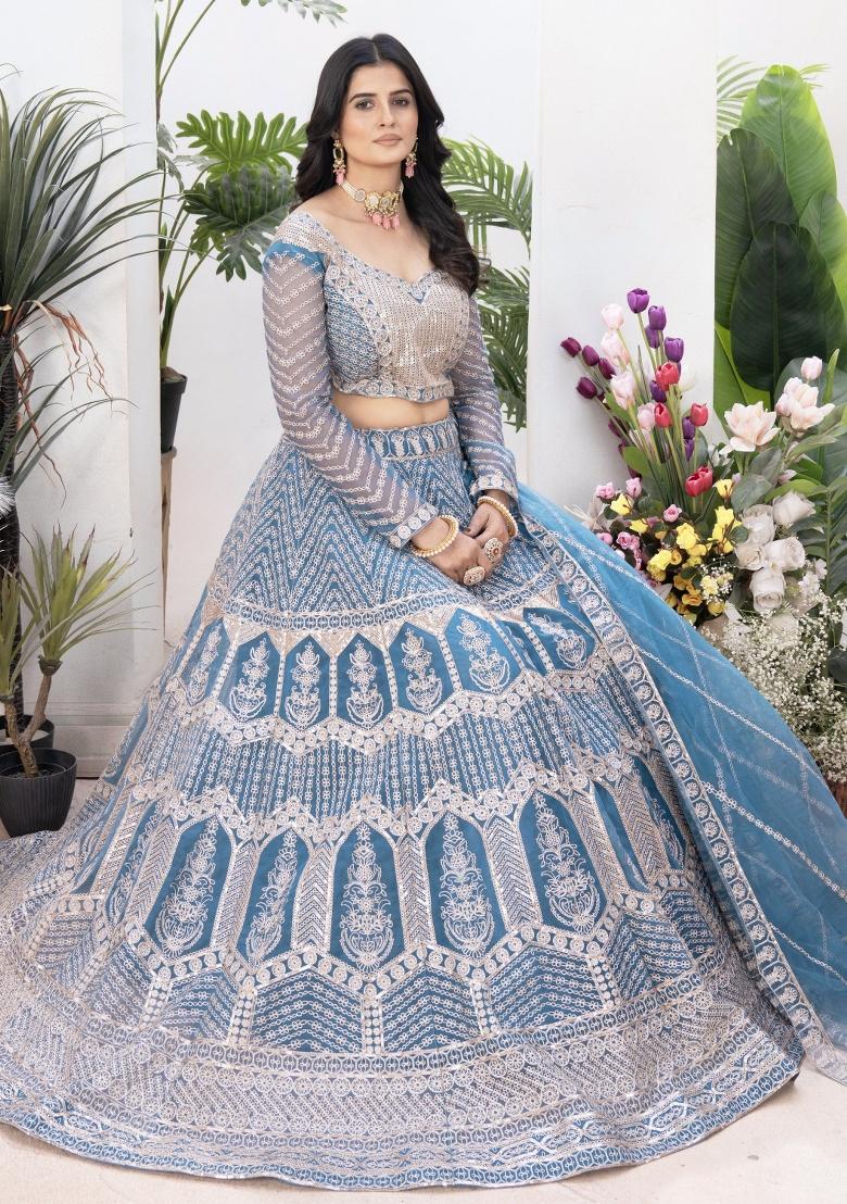 Sky Blue Embroidered Net Lehenga Set With Dupatta