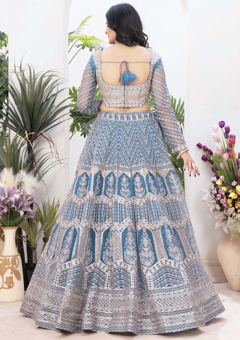 Sky Blue Embroidered Net Lehenga Set With Dupatta for Diwali and Festive Wear - Indya