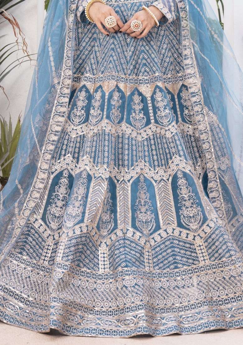 Sky Blue Embroidered Net Lehenga Set With Dupatta for Diwali and Festive Wear - Indya