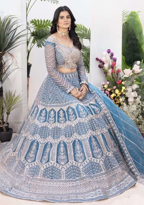 Sky Blue Embroidered Net Lehenga Set With Dupatta for Diwali and Festive Wear