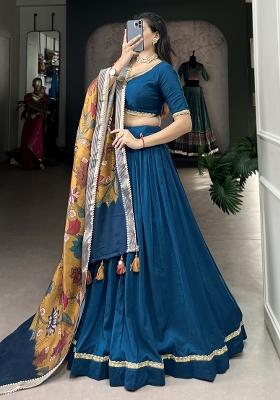Blue Embroidered Silk Lehenga Set With Dupatta
