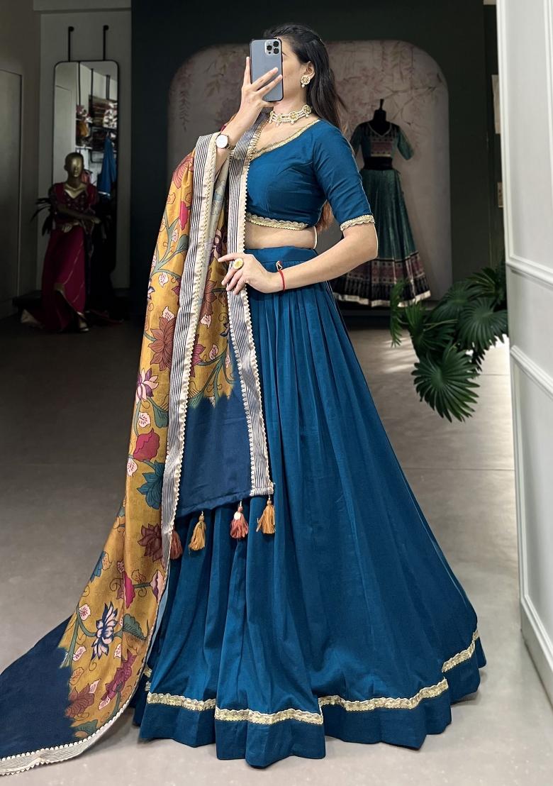Blue Embroidered Silk Lehenga Set With Dupatta