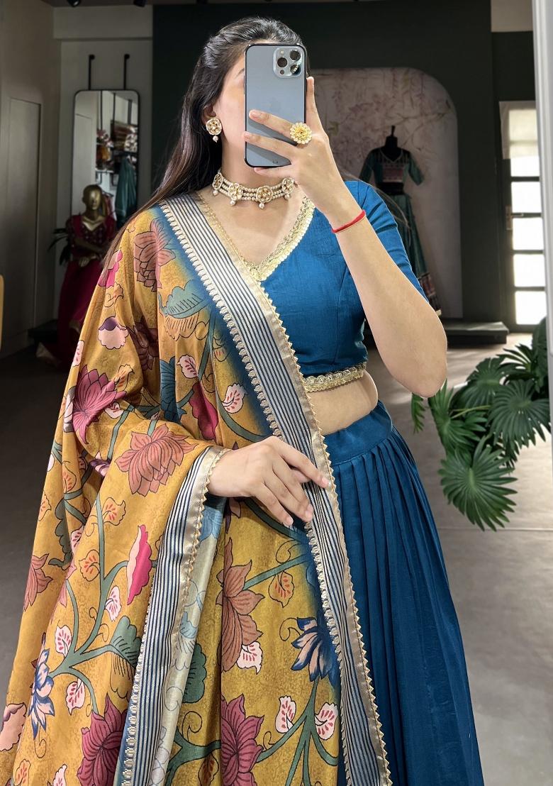 Blue Embroidered Silk Lehenga Set With Dupatta