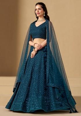 Blue Embroidered Georgette Lehenga Set With Dupatta