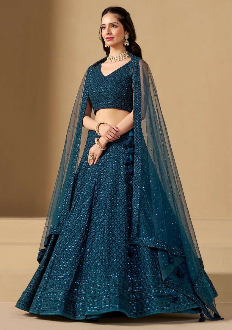 Blue Embroidered Georgette Lehenga Set With Dupatta for Diwali and Festive Wear - Indya