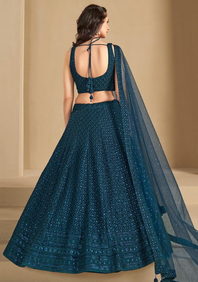 Blue Embroidered Georgette Lehenga Set With Dupatta