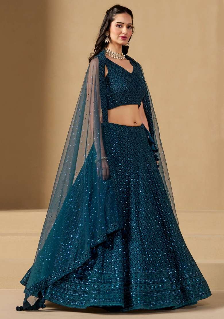 Blue Embroidered Georgette Lehenga Set With Dupatta for Diwali and Festive Wear - Indya
