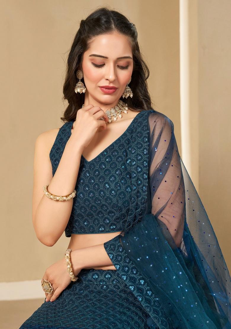 Blue Embroidered Georgette Lehenga Set With Dupatta