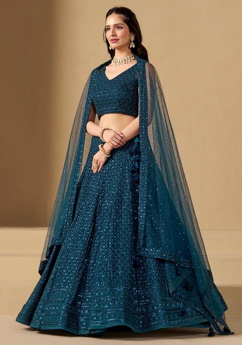 Blue Embroidered Georgette Lehenga Set With Dupatta