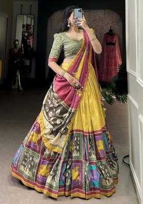 Yellow Printed Silk Lehenga Set With Dupatta