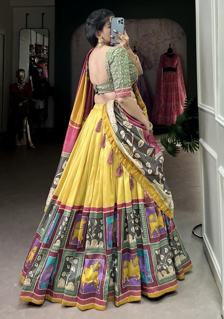 Yellow Printed Silk Lehenga Set With Dupatta