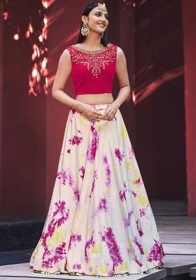 Beige Embroidered Cotton Lehenga Set With Dupatta