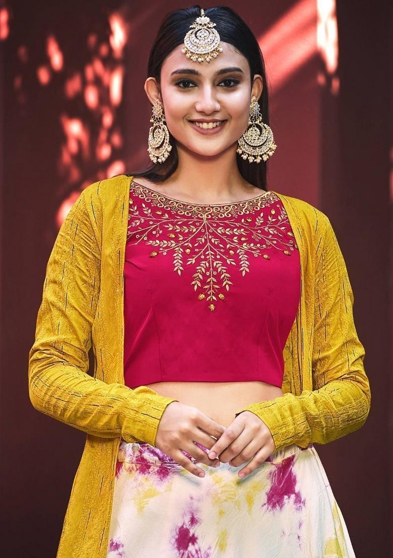 Beige Embroidered Cotton Lehenga Set With Dupatta