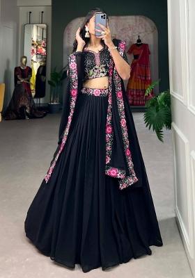 Black Embroidered Georgette Lehenga Set With Dupatta