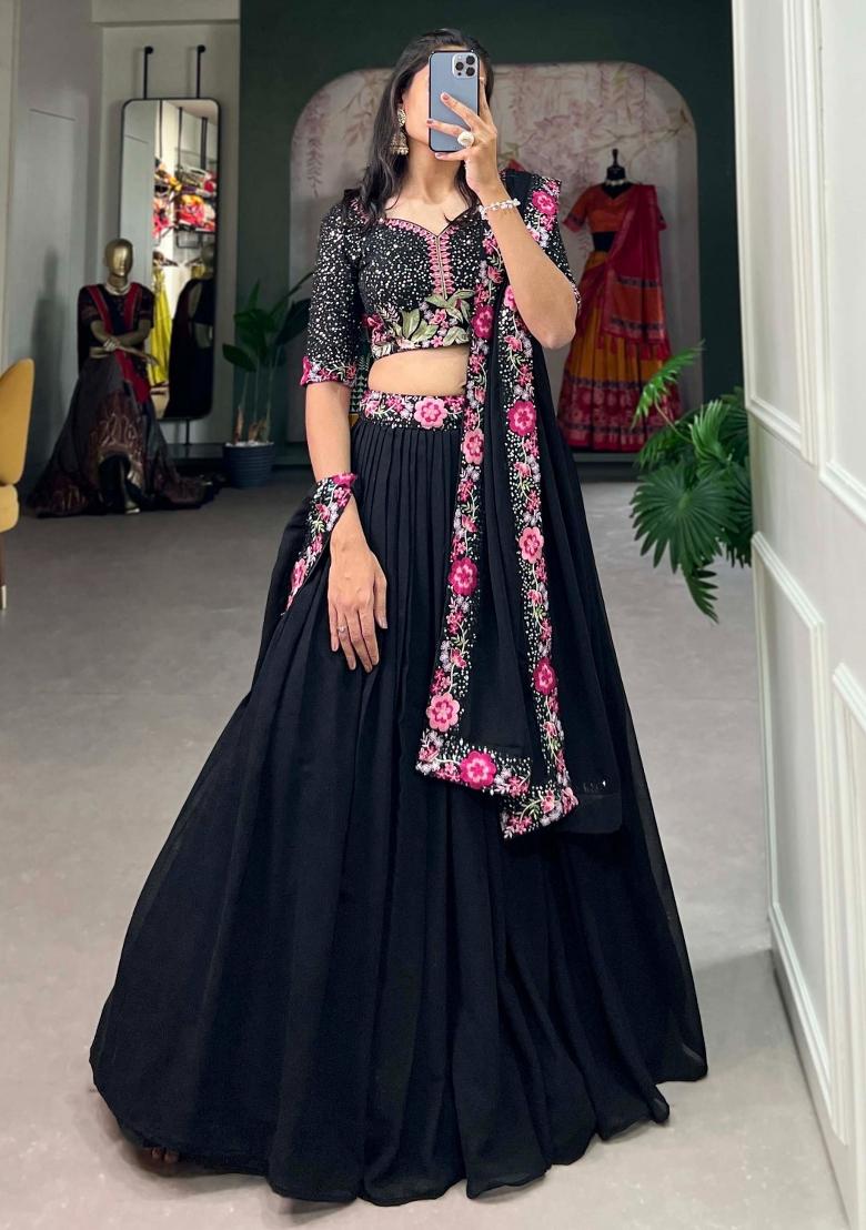 Black Embroidered Georgette Lehenga Set With Dupatta