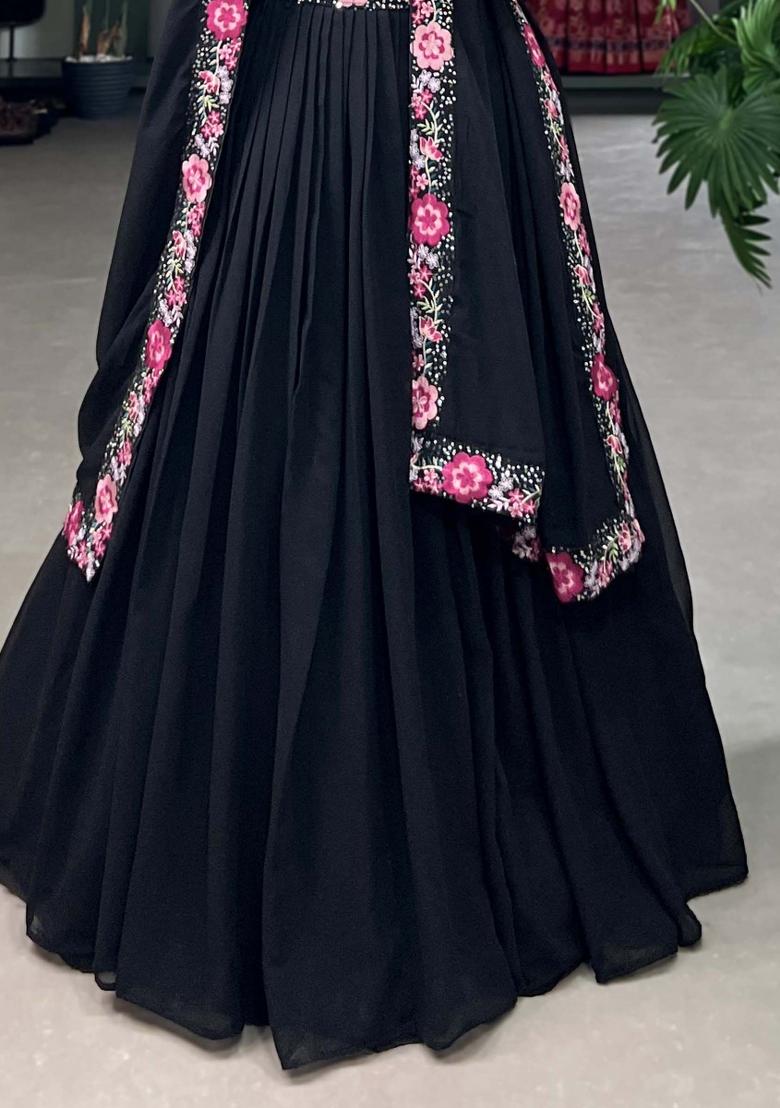 Black Embroidered Georgette Lehenga Set With Dupatta