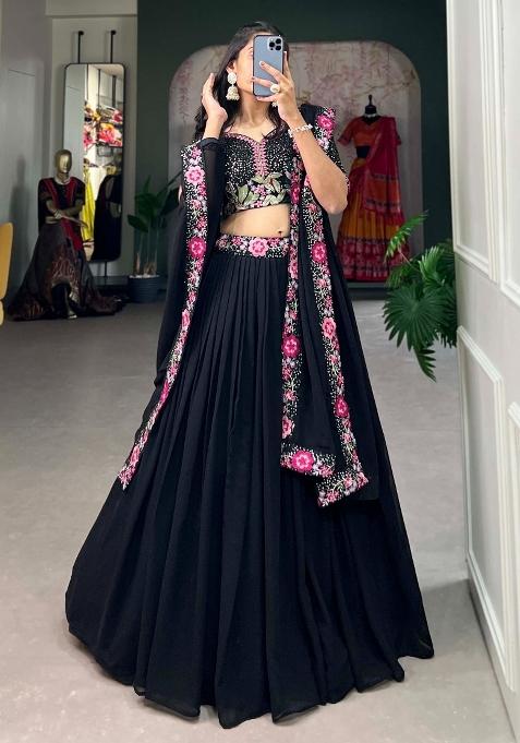 Black Embroidered Georgette Lehenga Set With Dupatta