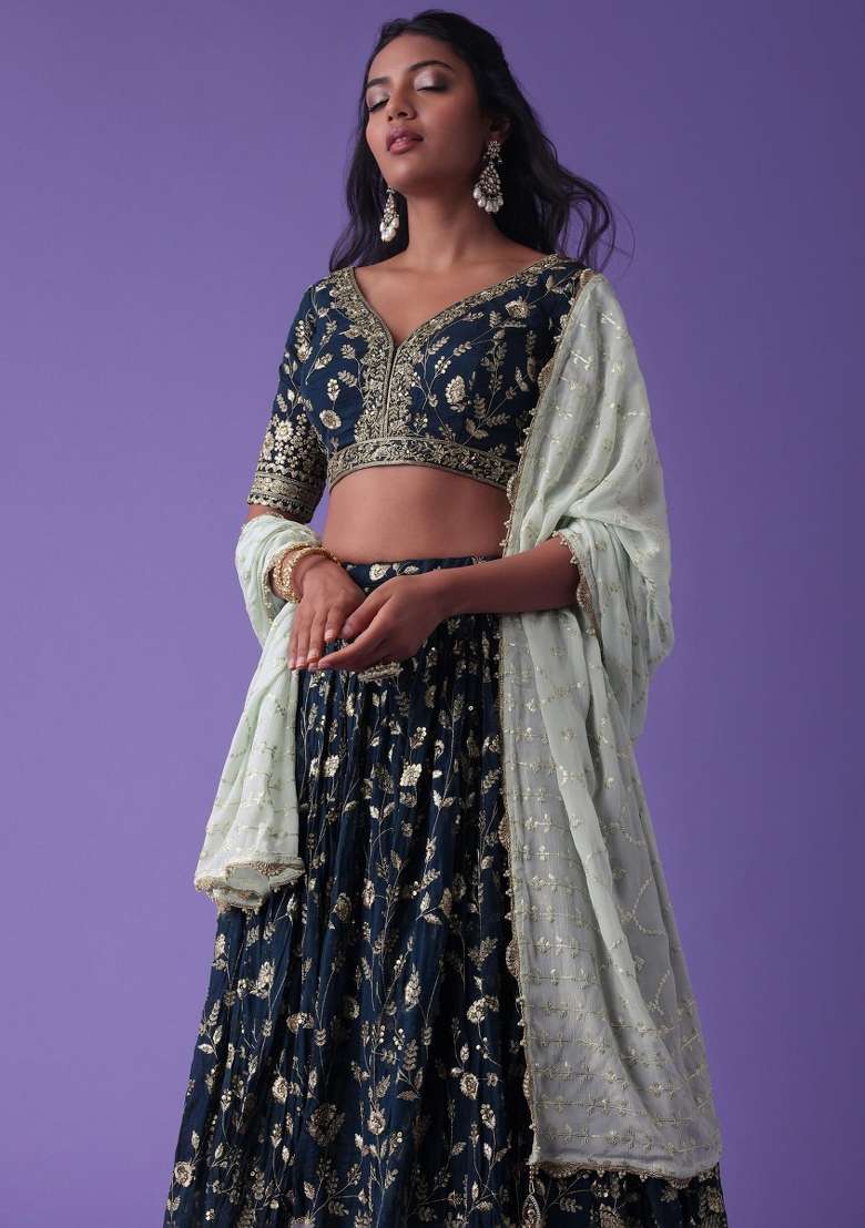 Blue With Dupatta Georgette Lehenga Set with Embroidered for Diwali | Wedding & Festive Wear - Indya