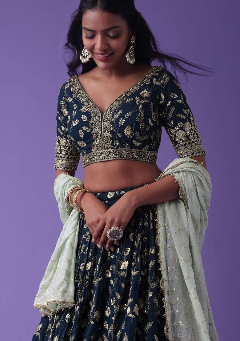 Blue With Dupatta Georgette Lehenga Set with Embroidered for Diwali | Wedding & Festive Wear - Indya