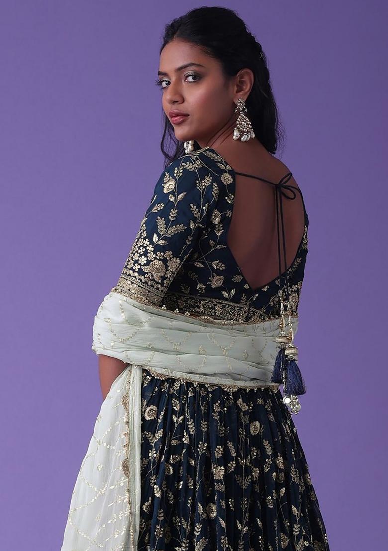 Blue Embroidered Georgette Lehenga Set With Dupatta