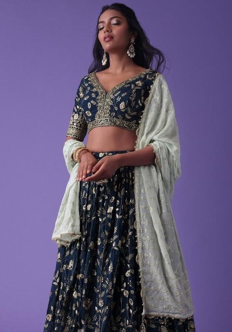 Blue Embroidered Georgette Lehenga Set With Dupatta
