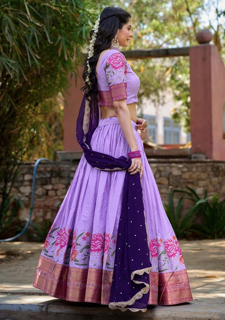 Lavender Embroidered Cotton Lehenga Set With Dupatta