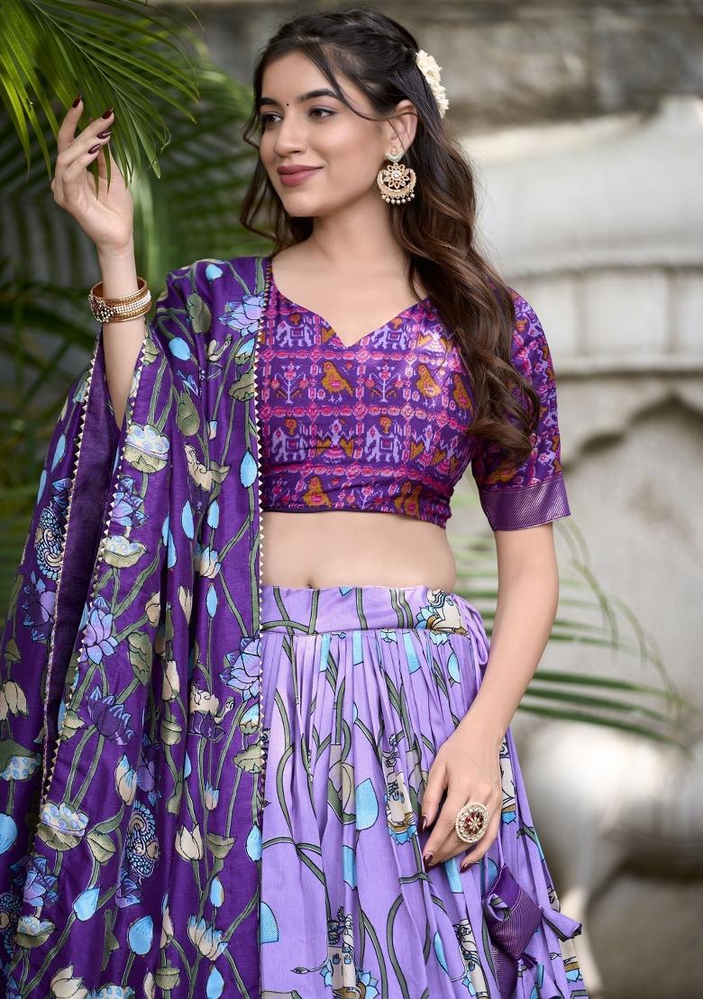 Lavender Printed Silk Lehenga Set With Dupatta